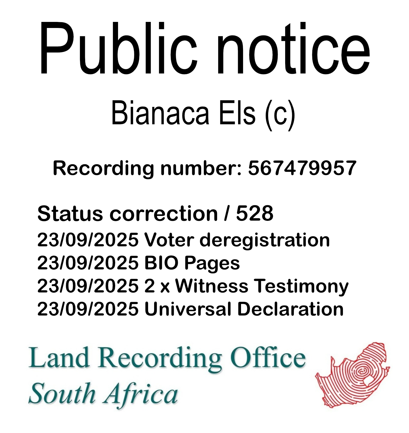 Public notice Bianaca Els (c) Recording number 567479957